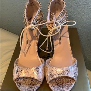 Snake print open toe heels